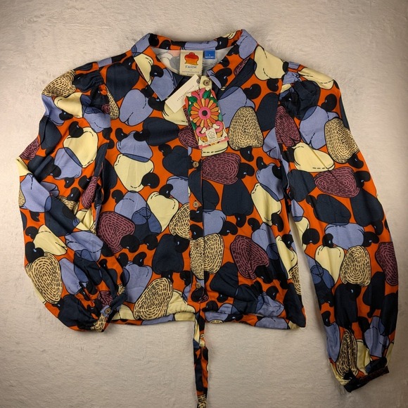 NWT Farm Rio‎ Anthropologie Blouse Button Down Tie Front Long Sleeve Top S - Picture 3 of 16